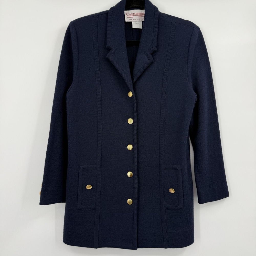 Castleberry Coat Womens 8 Blue Knit Overcoat Navy Gold Button Old Money Nautical